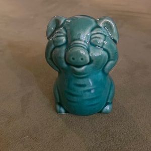 Ceramic Green-Blue Pig Figurine covering his eyes Peek a boo 4” Hand Painted